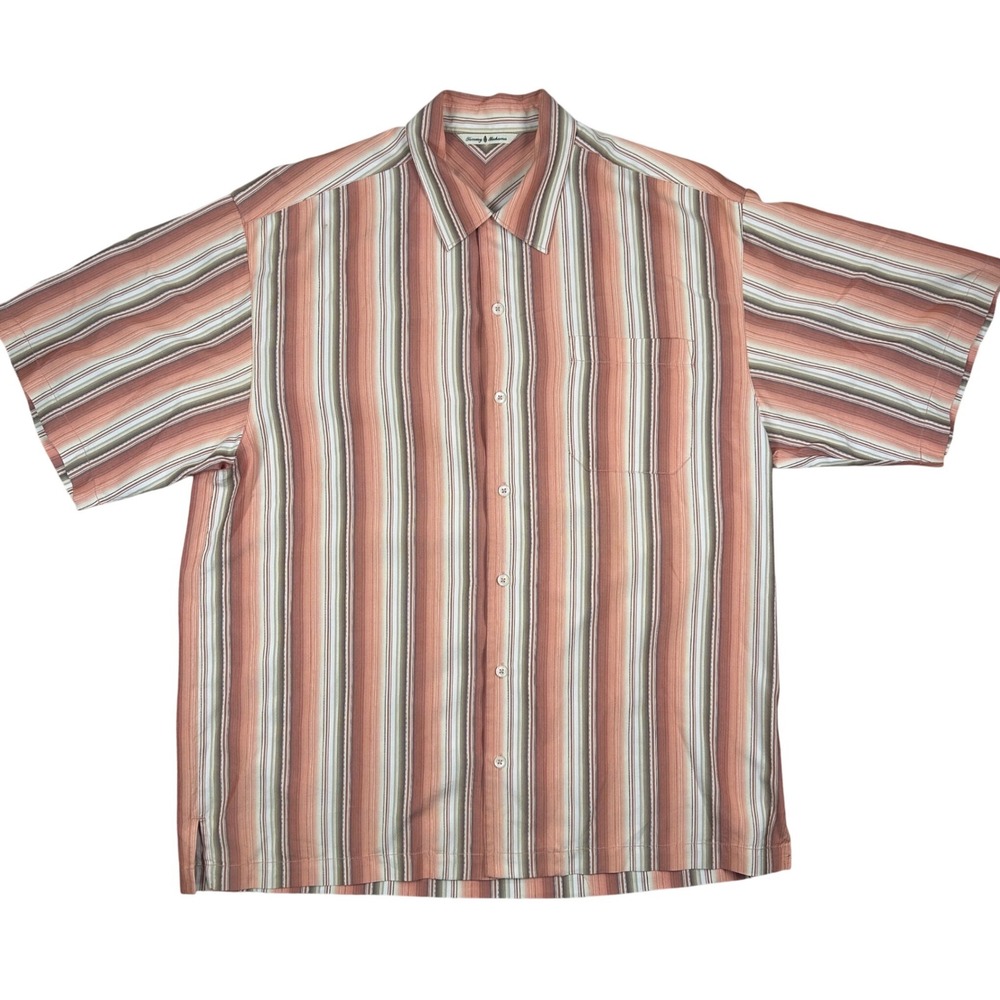 Tommy Bahama Button Down Mens L Striped Silk Camp Shirt Coastal Boho VTG Y2K